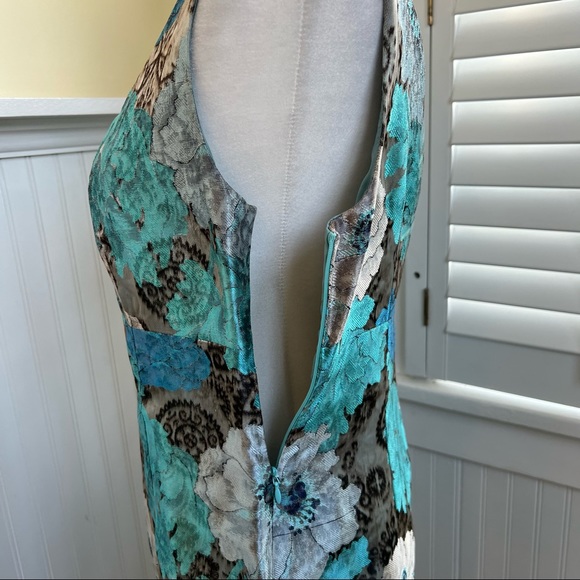 Doncaster Collection Turquoise Blue & Silver Floral Sleeveless Sheath Dress Sz 8 - Picture 4 of 7